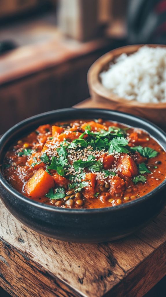 Ein dampfendes Süßkartoffel-Linsen-Curry, serviert mit frischem Koriander und Sesam in einer rustikalen Schale. Im Hintergrund liegt ein Holzlöffel, begleitet von einer Portion duftendem Basmatireis.