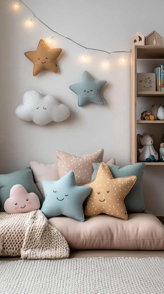Eine weiche und einladende Bodensitzecke mit dicken, plüschigen Kissen und verschiedenen strukturierten Wurfkissen in Pastell- und Naturtönen. Eine leichte Strickdecke liegt locker darüber und verstärkt das gemütliche Gefühl.