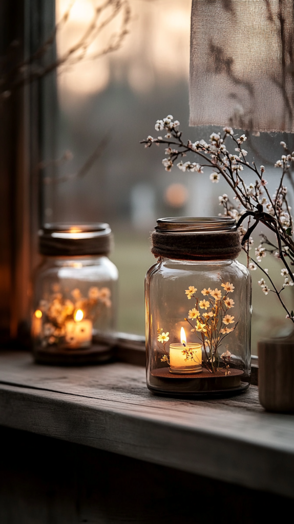 Ein gemütliches und einladendes Frühlingsabend-Setting mit handgefertigten Windlichtern mit gepressten Blumen. Die Glasgefäße sind mit zart arrangierten Wildblumen wie Gänseblümchen und Vergissmeinnicht verziert und durch warm flackernde Teelichter von innen beleuchtet. Die Laternen stehen auf einer rustikalen Holzfensterbank und werfen sanfte florale Schatten auf die durchscheinenden Vorhänge, während das Abendlicht langsam schwindet.