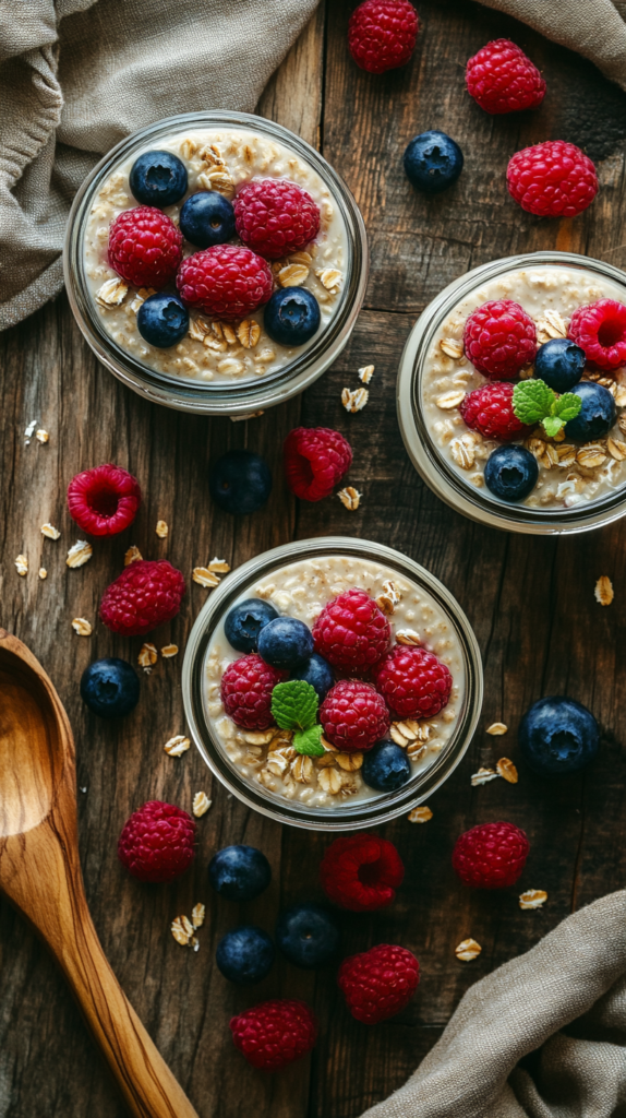 Ein Flat-Lay mit drei Gläsern Overnight Oats, dekoriert mit frischen Blaubeeren, Himbeeren und einem Hauch Ahornsirup. Arrangiert auf einem rustikalen Holztisch mit Leinenserviette und Holzlöffel für eine natürliche Ästhetik."
