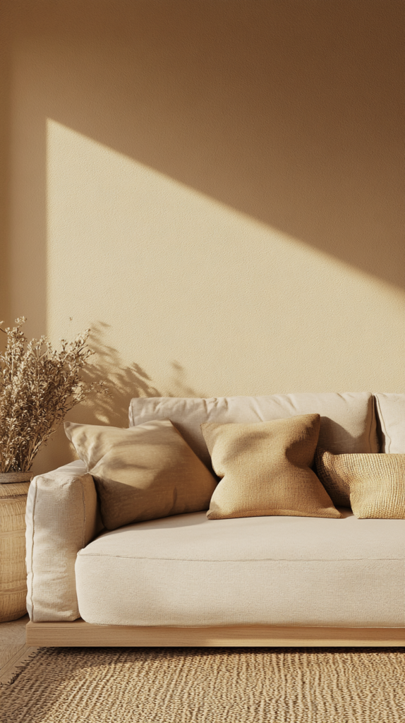 Ein gemütliches Wohnzimmer mit einem beigen Sofa vor einer warmen sandfarbenen Wand, ergänzt durch neutrale Textilien und Holzelemente