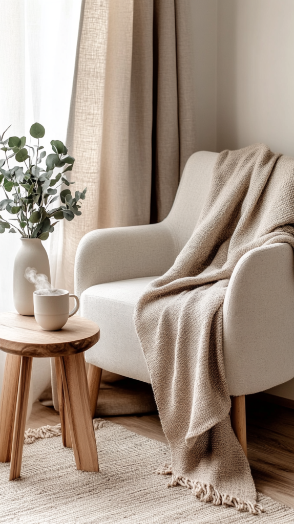 Eine gemütliche Leseecke im minimalistischen Skandi-Stil mit einem weichen Leinen-Sessel, einer grob gestrickten Decke und einem Holz-Beistelltisch mit Teetasse und Eukalyptuszweigen. Sanftes Licht fällt durch Leinenvorhänge und schafft eine warme Atmosphäre.