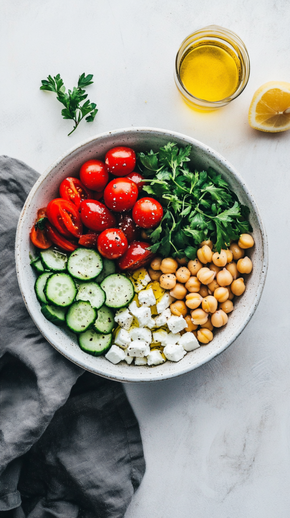 Eine bunte Kichererbsensalat-Bowl mit knackigem Gemüse, frischen Kräutern und Feta, angerichtet in einer schlichten Keramikschale. Daneben steht ein Glas Zitronenwasser, auf einem hellen Leinentuch für eine minimalistische Food-Fotografie.