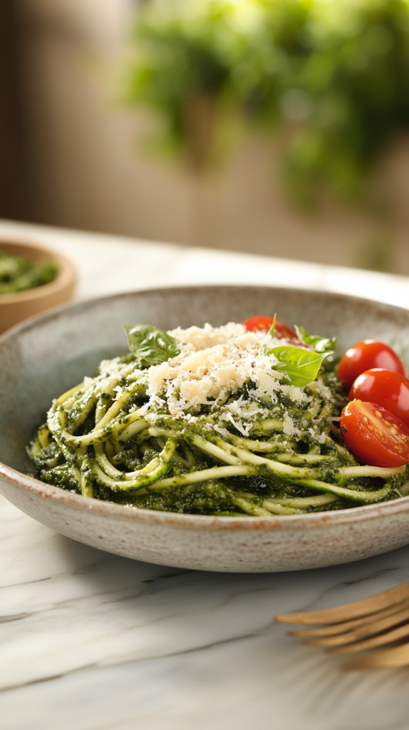Ein Teller mit frischen Zucchini-Nudeln in cremigem Pesto, serviert mit Kirschtomaten und Parmesan. Daneben eine kleine Schale mit extra Pesto, auf einer Marmorplatte mit Holzlöffel dekoriert.