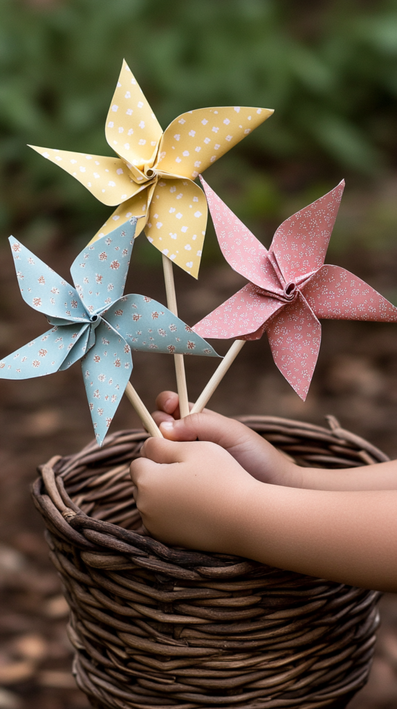 Ein fröhliches und buntes Bastelprojekt für Kinder mit selbstgemachten Windrädern in leuchtenden Frühlingsfarben wie Gelb, Himmelblau und Blush-Pink. Die Windräder sind aus stabilem, gemustertem Papier gefaltet und an Holzstäben befestigt, arrangiert in einem rustikalen Weidenkorb. Kinderhände halten ein fertiges Windrad, das sich sanft im Wind dreht. Im Hintergrund ist ein üppiger grüner Garten zu sehen, der in warmes Frühlingslicht getaucht ist