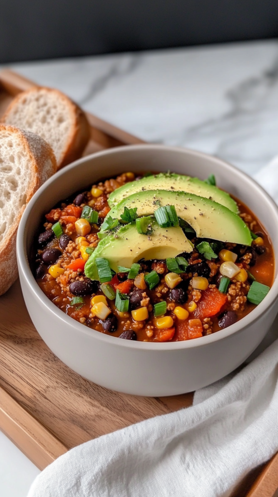 Ein Flat-Lay mit einer dampfenden Schüssel veganem Chili aus schwarzen Bohnen, Mais und Tomaten. Garniert mit gehackten Frühlingszwiebeln und Avocadoscheiben. Serviert mit einer Scheibe Vollkornbrot auf einem Holztablett, mit einer locker drapierten Leinenserviette daneben.