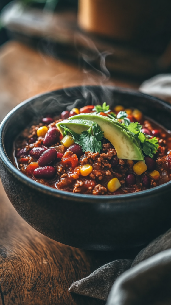 Ein dampfendes Schälchen mit würzigem Chili con Carne, gefüllt mit saftigem Hackfleisch, Kidneybohnen, Mais und Tomaten. Serviert mit einem Holzlöffel auf einem rustikalen Holztisch, dazu frische Kräuter als Garnitur.
