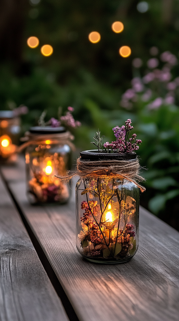 Eine magische Gartenszene am Abend mit handgefertigten Laternen aus recycelten Marmeladengläsern. Jedes Glas ist mit filigranem Draht umwickelt und mit winzigen gepressten Blumen sowie Schleifen aus Juteband verziert. Im Inneren sorgen sanft leuchtende Teelichter für ein warmes, goldenes Licht, das die zarten Blumenmuster hervorhebt. Die Laternen stehen auf einem rustikalen Holztisch im Garten, umgeben von üppigen Frühlingsblumen.