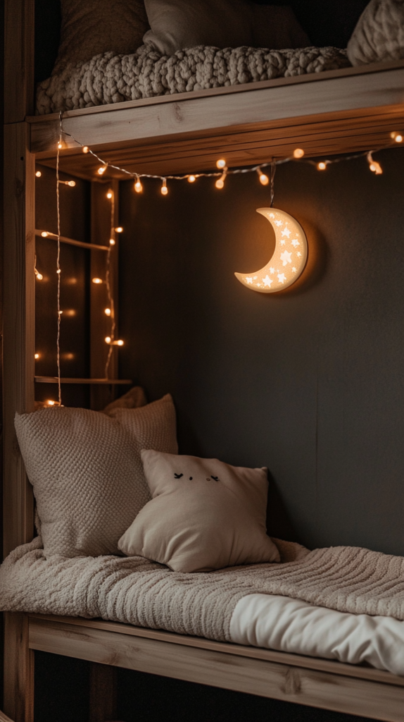 Eine magische nächtliche Szene mit einer gemütlichen Kuschelecke für Kinder, die von einer warmen Lichterkette beleuchtet wird. Eine kleine Nachtlampe in Form eines Mondes steht auf einem Holzregal und wirft ein sanftes Licht auf die Kissen und Decken darunter.