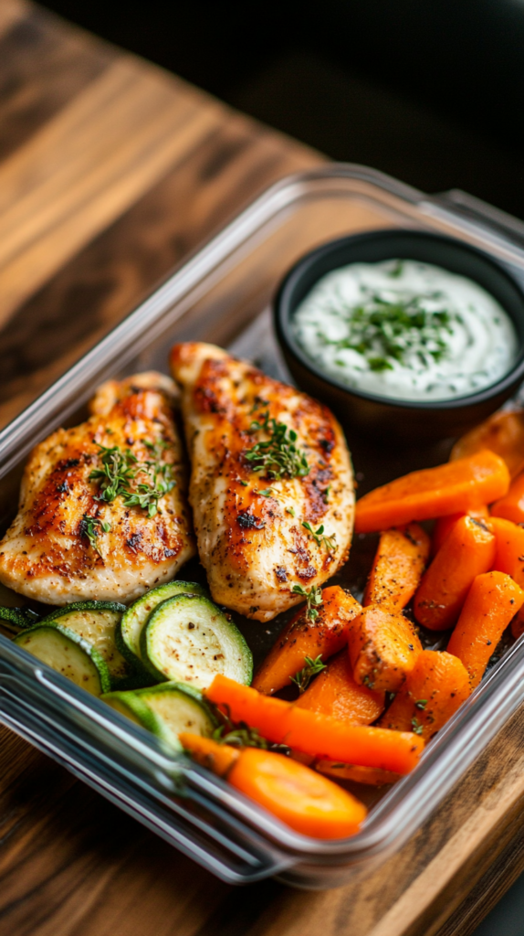 Ein Backblech mit knusprig geröstetem Gemüse und saftigem Hähnchenfilet, angerichtet in einer Meal-Prep-Box mit einem Schälchen Kräuterquark. Im Hintergrund eine moderne Küche mit Holzarbeitsplatte.