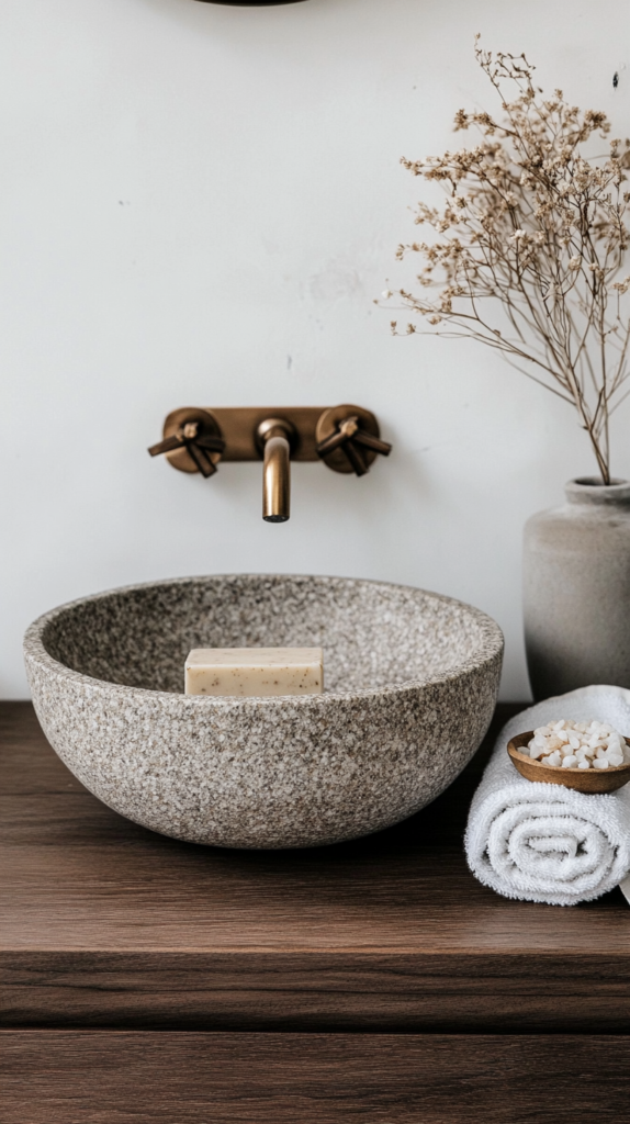 Ein warmes, einladendes Badezimmer mit natürlichen Holzakzenten. Ein hölzerner Waschtisch mit einem runden Steinwaschbecken, neutralen Wänden und sanfter Beleuchtung. Dazu ein Rattankorb, getrockneter Eukalyptus in einer Keramikvase und ein beiger Leinenhandtuch auf einer rustikalen Leiter