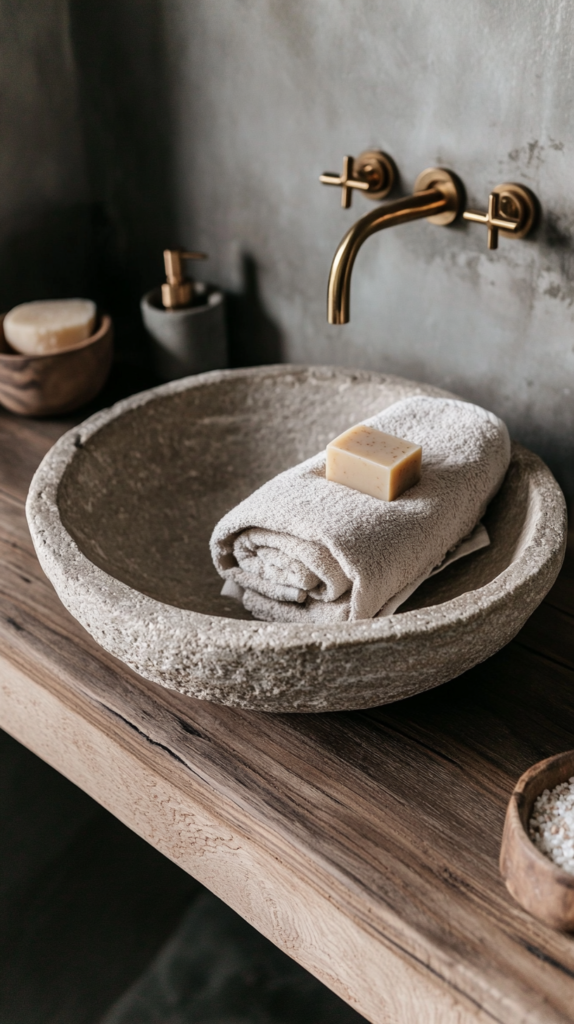 Ein minimalistisches Flat-Lay mit einem Waschbecken aus Naturstein auf einem Holzwaschtisch. Enthält eine handgemachte Seife, ein gerolltes Leinenhandtuch, einen Messinghahn und eine kleine Keramikschale mit Badesalz. Weiches, natürliches Licht betont die Stein- und Holztexturen."