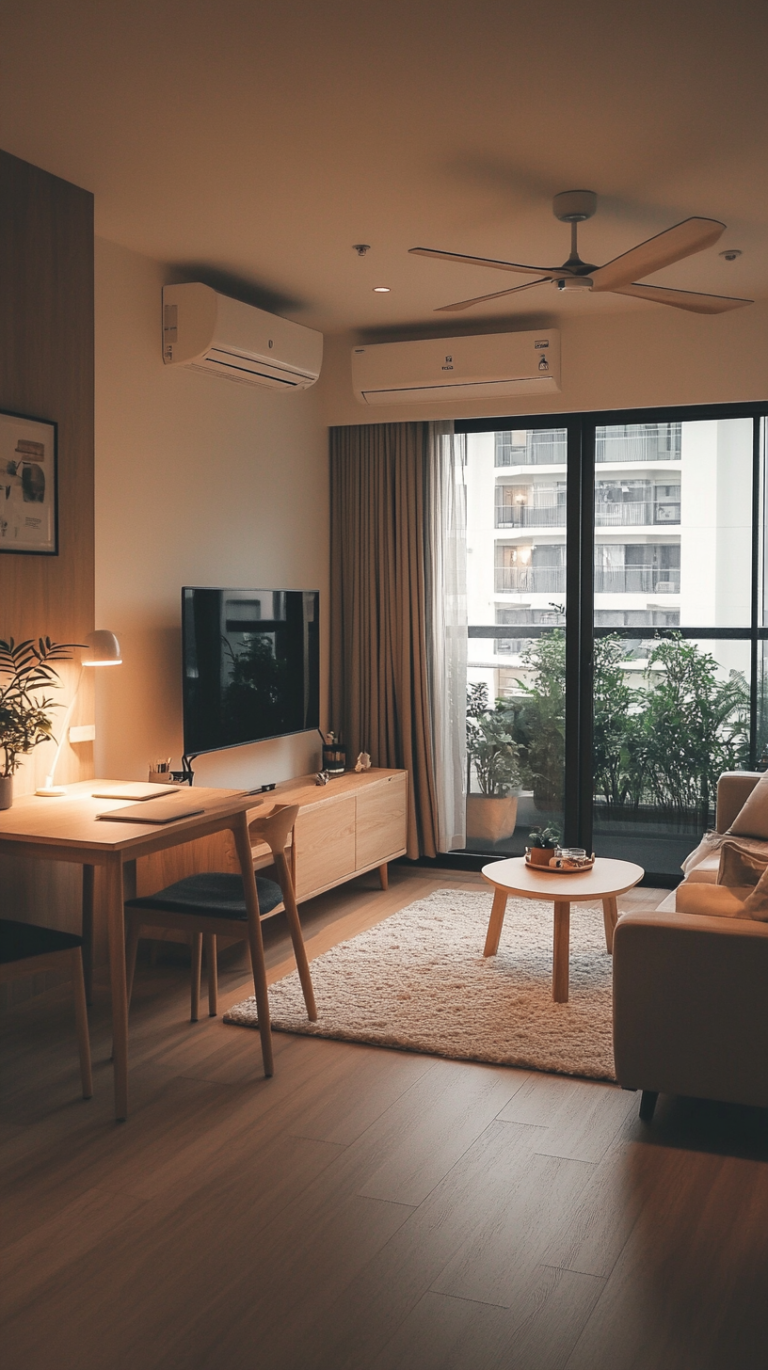 Ein modernes Studio-Apartment im Japandi-Stil mit multifunktionalen Holzmöbeln und minimalistischer Dekoration. Helle Eichenböden, neutrale Möbel und warme Beleuchtung sorgen für ein gemütliches und stilvolles Ambiente. Klare Linien und erdige Texturen schaffen eine ruhige, aufgeräumte Atmosphäre.
