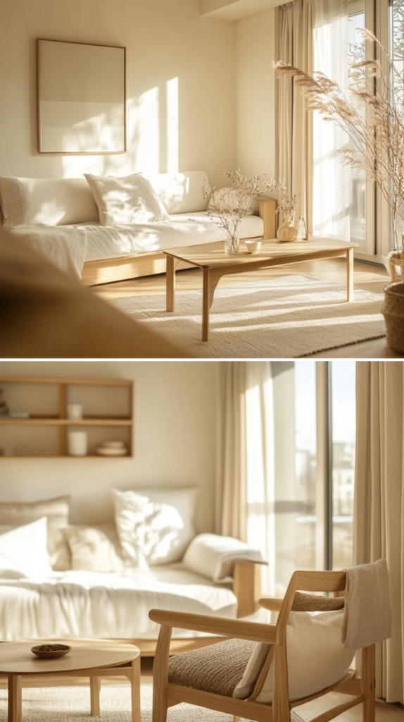 Ein modernes Studio-Apartment im Japandi-Stil mit multifunktionalen Holzmöbeln und minimalistischer Dekoration. Helle Eichenböden, neutrale Möbel und warme Beleuchtung sorgen für ein gemütliches und stilvolles Ambiente. Klare Linien und erdige Texturen schaffen eine ruhige, aufgeräumte Atmosphäre.