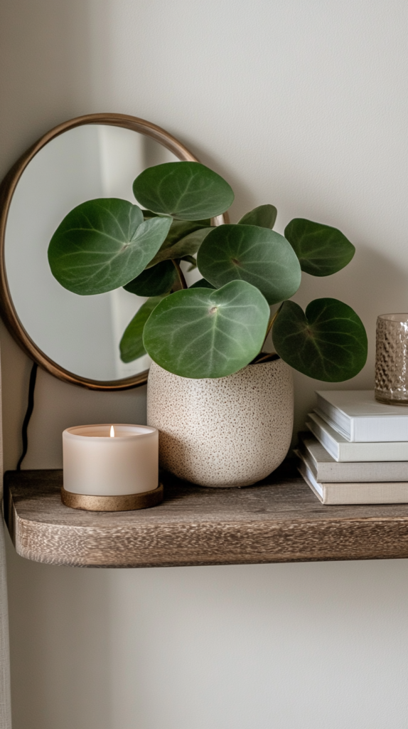 Ein stilvolles Wandregal mit einer Pilea Peperomioides in einem Keramiktopf. Minimalistische Dekoration mit Designbüchern, Spiegel und Kerze unterstreicht den modernen Look.