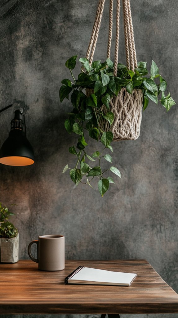 Ein modernes Home-Office mit einer üppigen Efeutute (Epipremnum aureum) in einer Makramee-Blumenampel. Die herabhängenden grünen Ranken verleihen dem schlichten Holzschreibtisch mit Notizbuch und Kaffeetasse eine lebendige Note.