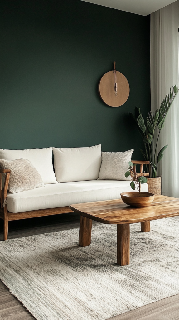 Ein modernes Wohnzimmer mit einer dunkelgrünen Akzentwand, Holzmöbeln und neutraler Dekoration. Der Kontrast verleiht dem Raum Tiefe und Eleganz