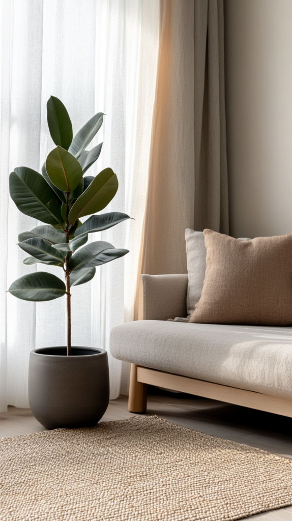 Ein minimalistisches Wohnzimmer mit einem großen Gummibaum (Ficus elastica) in einem stilvollen Keramiktopf. Die glänzenden, dunkelgrünen Blätter setzen einen schönen Kontrast zur neutralen Einrichtung mit einem hellgrauen Sofa, Holztisch und Juteteppich