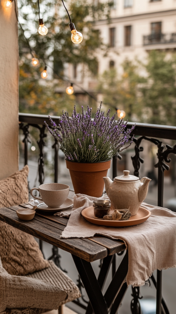 Ein mediterraner Balkon mit einem blühenden Lavendeltopf in einem rustikalen Terrakotta-Gefäß. Ein Holztisch mit Leinentischdecke, Keramik-Teeset und Lichterkette schaffen eine entspannte Atmosphäre mit Stadtblick