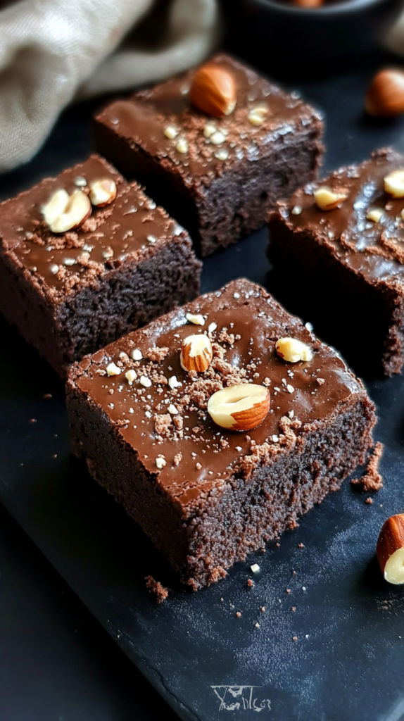 "Ein Flat-Lay mit saftigen veganen Schoko-Brownies, in Quadrate geschnitten und mit Kakaopulver bestäubt. Garniert mit gehackten Haselnüssen und einem Hauch geschmolzener Zartbitterschokolade. Serviert auf einem dunklen Keramikteller mit einer gemütlichen Serviette daneben.