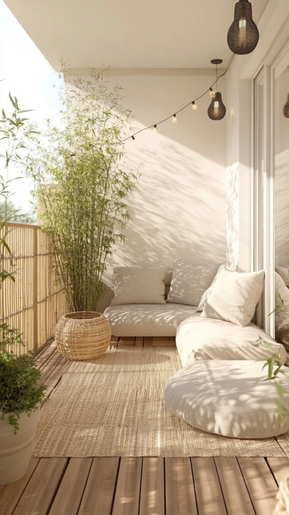 Ein beruhigender Japandi-inspirierter Balkon mit Holzboden, minimalistischen Pflanzgefäßen und Bambus-Dekoration. Eine gemütliche Sitzecke in neutralen Farben lädt zum Entspannen ein. Sanfte Beleuchtung und eine schlichte Eleganz verleihen dem kleinen Außenbereich eine friedliche Atmosphäre.