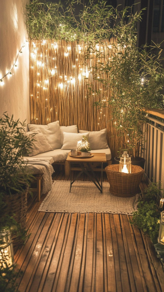 Ein beruhigender Japandi-inspirierter Balkon mit Holzboden, minimalistischen Pflanzgefäßen und Bambus-Dekoration. Eine gemütliche Sitzecke in neutralen Farben lädt zum Entspannen ein. Sanfte Beleuchtung und eine schlichte Eleganz verleihen dem kleinen Außenbereich eine friedliche Atmosphäre.