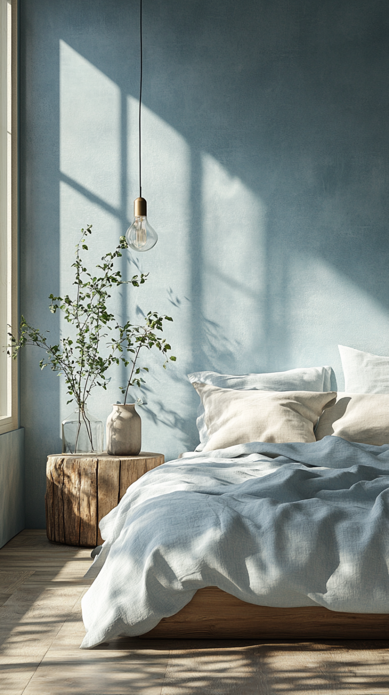 Ein ruhiges Schlafzimmer mit sanft pastellblauen Wänden, Holzmöbeln und luftiger Leinenbettwäsche. Die entspannte Atmosphäre lädt zum Wohlfühlen und Erholen ein