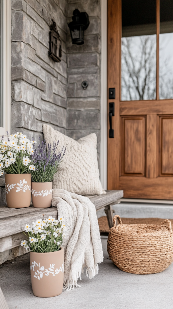 Ein Set DIY-bemalter Terrakotta-Töpfe neben einer Haustür, verziert mit filigranen Blumenmustern in Weiß, Salbeigrün und Blush-Pink. Die Töpfe sind mit frischen blühenden Narzissen, Lavendel und kleinen Gänseblümchen bepflanzt. Eine Holzbank mit einer gemütlichen Decke und ein geflochtener Korb runden die warme und einladende Eingangsdekoration ab.
