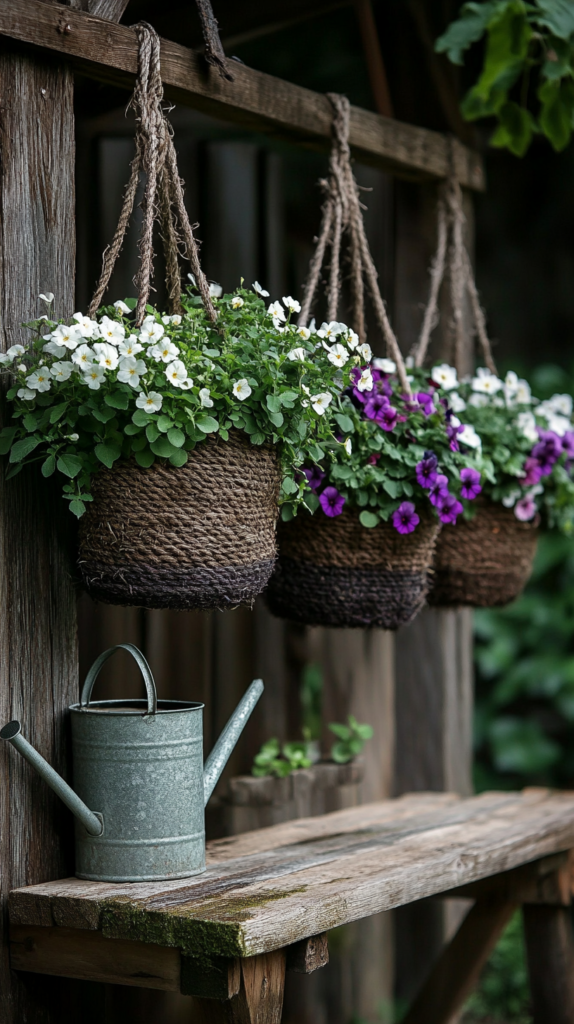 Eine Gruppe rustikaler, geflochtener Hängekörbe, gefüllt mit leuchtenden Frühlingsblumen, die von einer Holzpergola herabhängen. Die Körbe sind üppig bepflanzt mit rankendem Efeu, strahlenden Stiefmütterchen und zarten weißen Blüten. Eine Vintage-Gießkanne aus Metall steht in der Nähe auf einer kleinen Holzbank und vervollständigt das gemütliche, ländliche Gartenambiente