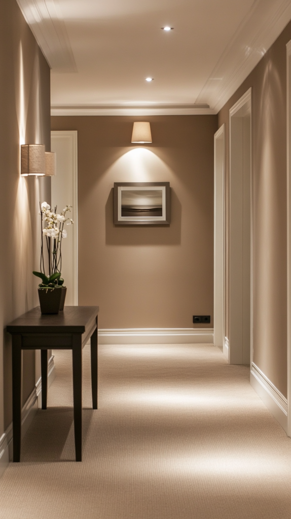 in stilvoller Flur mit einer auffälligen Sandbeige-Statement-Wand, minimalistischen Möbeln und warmer Beleuchtung. Die Kombination schafft eine einladende und geräumige Atmosphäre