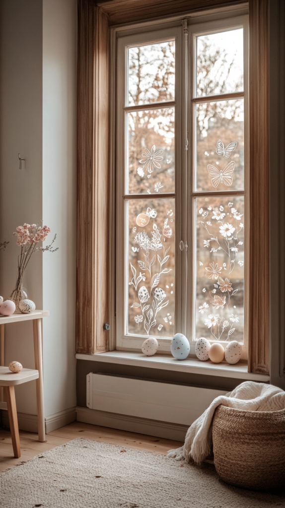 Ein sonnenbeschienenes Fenster, dekoriert mit bezaubernden Frühlingsmotiven aus Kreidemalerei. Zarte Blumenmuster, Schmetterlinge und Ostereier sind in sanften Pastelltönen wie Weiß, Gelb und Hellblau mit abwischbaren Kreidemarkern aufgemalt. Die schlichten, aber eleganten Designs verleihen dem Raum eine frische und verspielte Note und machen das Fenster zu einem echten Blickfang im Zuhause.