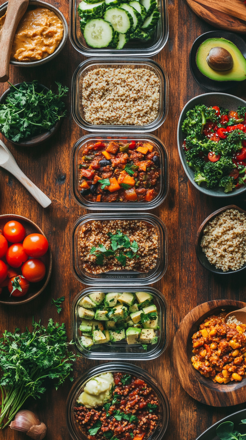 Eine stilvoll arrangierte Meal-Prep-Szene mit zehn Glasbehältern, gefüllt mit gesunden, farbenfrohen Mahlzeiten. Enthalten sind Quinoa-Bowls mit Gemüse, gegrilltes Hähnchen, Chili con Carne und Overnight Oats. Frische Zutaten wie Avocados, Tomaten und Kräuter sind auf einem rustikalen Holztisch verteilt. Die warme Beleuchtung schafft eine gemütliche und einladende Atmosphäre, ideal für eine gesunde Essensplanung