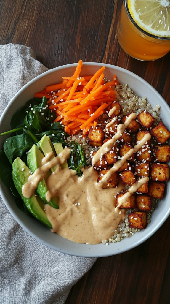 Ein Flat-Lay mit einer bunten Buddha-Bowl, bestehend aus knusprig gebackenem Tofu, Quinoa, gerösteten Kichererbsen, frischem Spinat, Avocadoscheiben und fein geschnittenen Karottenstreifen. Beträufelt mit cremiger Sesamsauce und garniert mit Sesamsamen. Serviert auf einem rustikalen Holztisch mit einer weichen Leinenserviette und einem Glas Zitronenwasser.