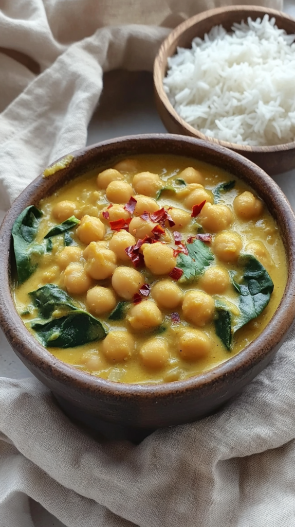 Ein Flat-Lay mit cremigem Kichererbsen-Curry, gekocht mit Kokosmilch und frischem Spinat, serviert in einer rustikalen Keramikschüssel. Garniert mit roten Chiliflocken und frischem Koriander. Eine kleine Schale mit dampfendem Jasminreis liegt daneben, mit einer locker drapierten Leinenserviette. Warmes, natürliches Licht betont die goldenen Farbnuancen und sorgt für eine gemütliche Atmosphäre.