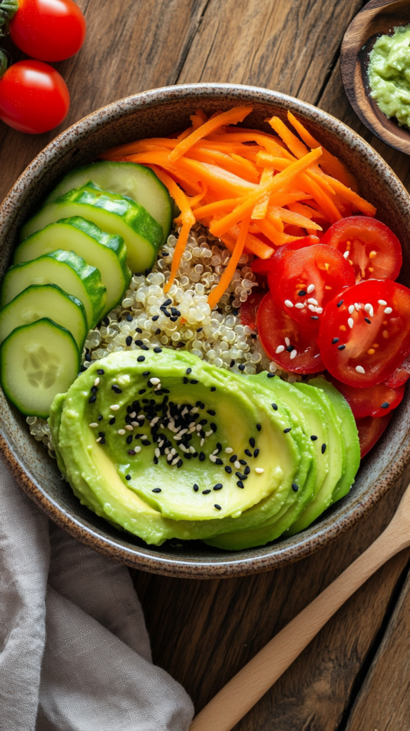 Ein farbenfrohes Flat-Lay mit einer Quinoa-Gemüse-Bowl in einer handgefertigten Keramikschüssel. Enthält fluffig gekochten Quinoa, cremige Avocadoscheiben, dünn geschnittene rote Paprika, Cherrytomaten, geriebene Karotten und Gurkenstreifen. Garniert mit schwarzen und weißen Sesamsamen und einem frischen Avocado-Dressing. Der Hintergrund besteht aus einem rustikalen Holztisch mit weichem, natürlichem Licht, dazu eine Leinenserviette und ein kleiner Holzlöffel mit zusätzlichem Dressing für eine gemütliche und organische Ästhetik.