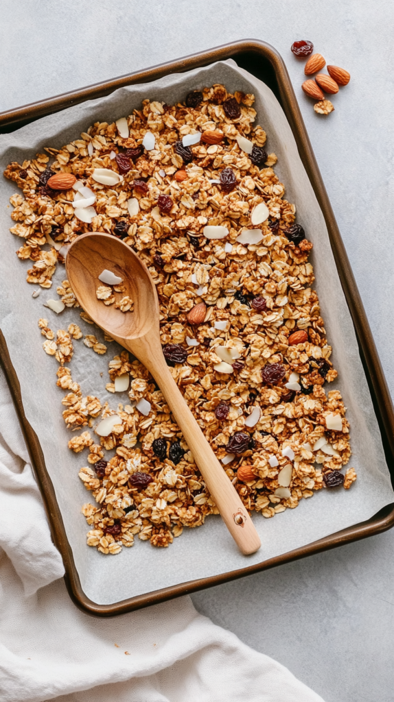 Ein Flat-Lay mit frisch gebackenem, knusprigem Granola, das gleichmäßig auf einem mit Backpapier belegten Backblech verteilt ist. Enthält geröstete Haferflocken, Mandeln und eine Prise Zimt, mit verstreuten Rosinen und Kokosflocken. Ein Holzlöffel liegt auf dem Granola, daneben eine locker drapierte Leinenserviette. Natürliches Sonnenlicht betont die knusprige Textur und die warmen Farbtöne des Granolas.