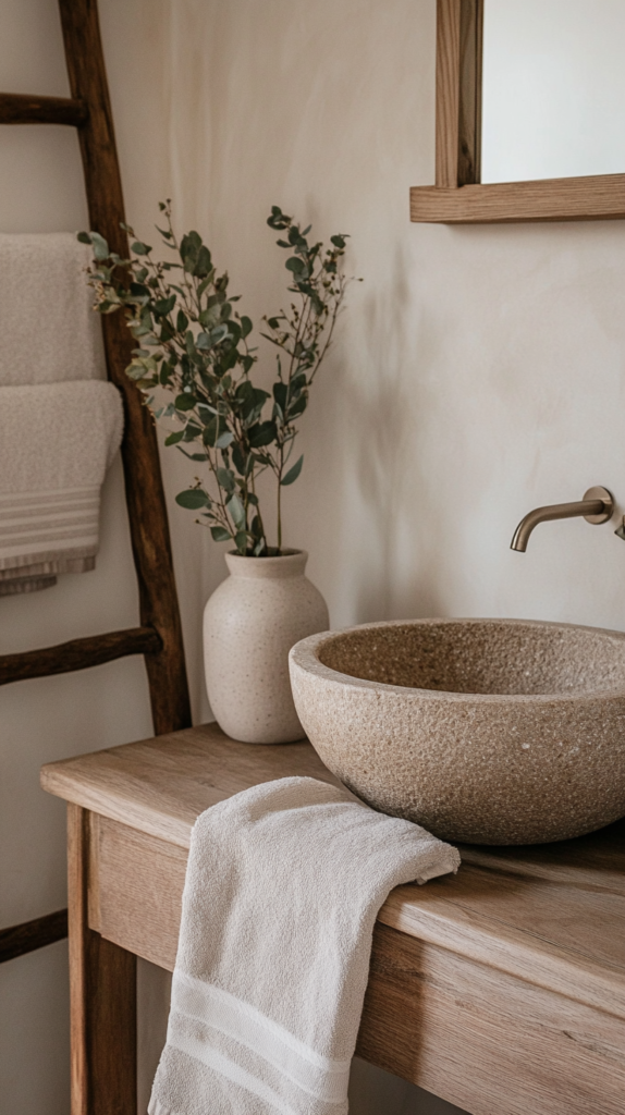 Ein warmes, einladendes Badezimmer mit natürlichen Holzakzenten. Ein hölzerner Waschtisch mit einem runden Steinwaschbecken, neutralen Wänden und sanfter Beleuchtung. Dazu ein Rattankorb, getrockneter Eukalyptus in einer Keramikvase und ein beiger Leinenhandtuch auf einer rustikalen Leiter