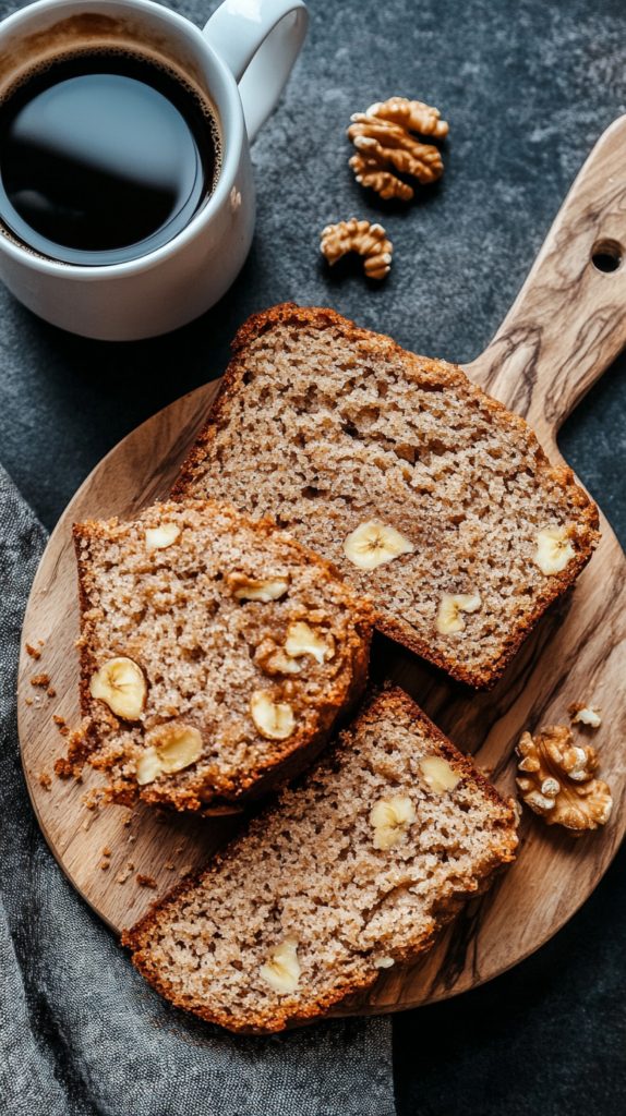 Ein Flat-Lay mit frisch gebackenem Bananenbrot, in dicke Scheiben geschnitten, mit Walnüssen dekoriert. Serviert auf einem rustikalen Holzbrett mit einer dampfenden Tasse Kaffee daneben."