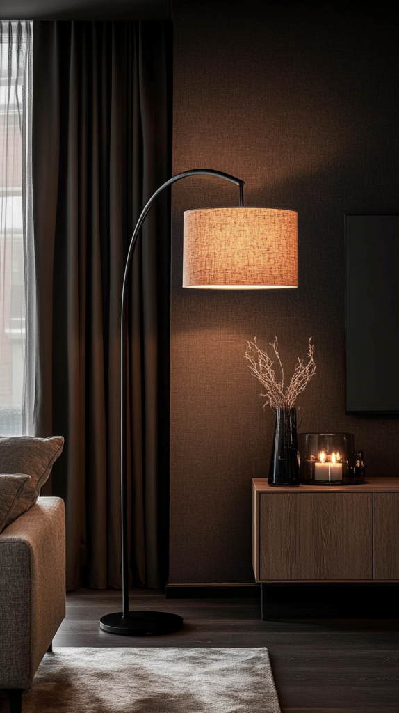 Ein modern eingerichtetes Wohnzimmer mit sanfter Beleuchtung: Eine dimmbare Stehlampe verbreitet warmes Licht, während LED-Kerzen auf einem Holz-Sideboard stehen. Eine stilvolle Pendelleuchte mit Leinenschirm sorgt für eine harmonische Atmosphäre.