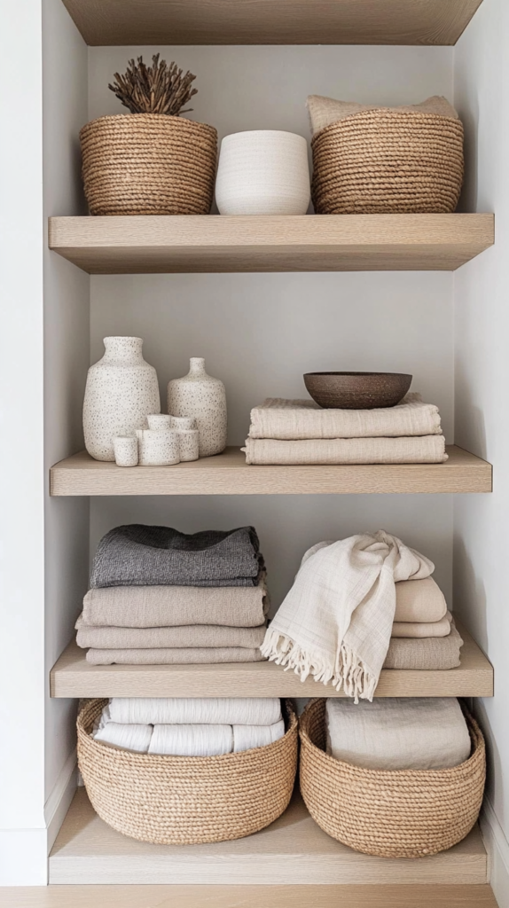 Stilvolle Aufbewahrung mit geflochtenen Seegras-Körben, die auf offenen Holzregalen ordentlich platziert sind. Ein schlichtes weißes Wandregal mit minimalistischer Keramik-Deko und Leinenbüchern sorgt für ein aufgeräumtes und stilvolles Gesamtbild.