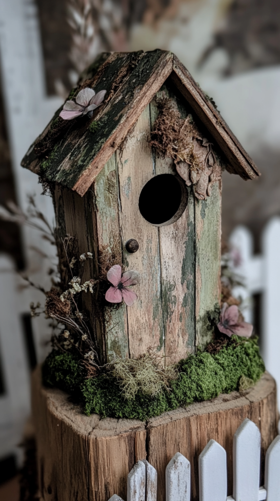 Ein verspieltes, frühlingshaftes Holz-Vogelhäuschen, handbemalt in sanften Pastelltönen. Das kleine Häuschen steht auf einem rustikalen Holzständer und ist mit getrocknetem Moos, winzigen blühenden Blumen und einem Miniatur-Weißzaun dekoriert. Sanftes Sonnenlicht betont die gemütliche, naturinspirierte Frühlingsdeko.