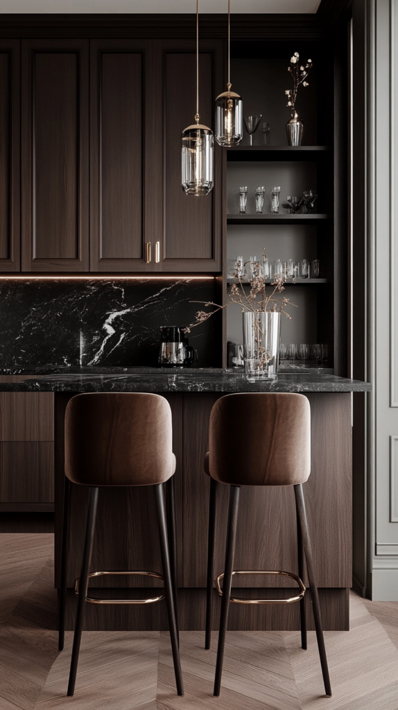 Eine luxuriöse Art-Déco-Küche mit dunklen Holzelementen, goldenen Details und schwarzer Marmorarbeitsplatte. Geometrische Fliesen und edle Accessoires sorgen für Glamour.
