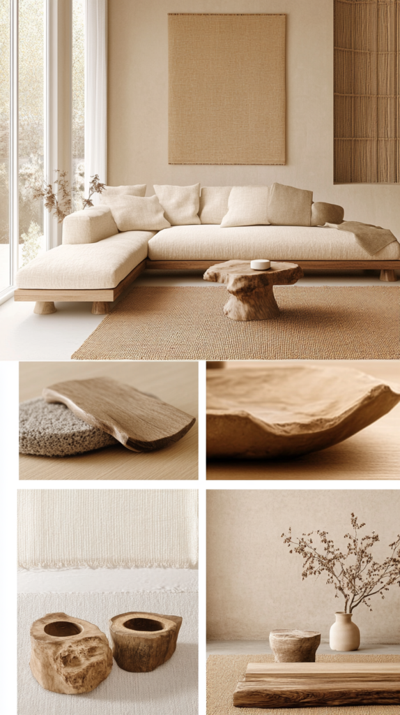 Ein stilvolles Flat-Lay-Moodboard mit Farbmustern in Beige-, Sand- und Taupe-Tönen, kombiniert mit natürlichen Materialien wie Leinen, Holz und Stein. Perfekt für die Planung einer harmonischen Raumgestaltung