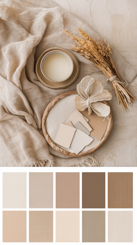 Ein Japandi-inspiriertes Wohnzimmer mit sandbeigen Wänden, einem neutral getönten Leinen-Sofa und Holzakzenten. Der Raum wirkt gemütlich, minimalistisch und einladend