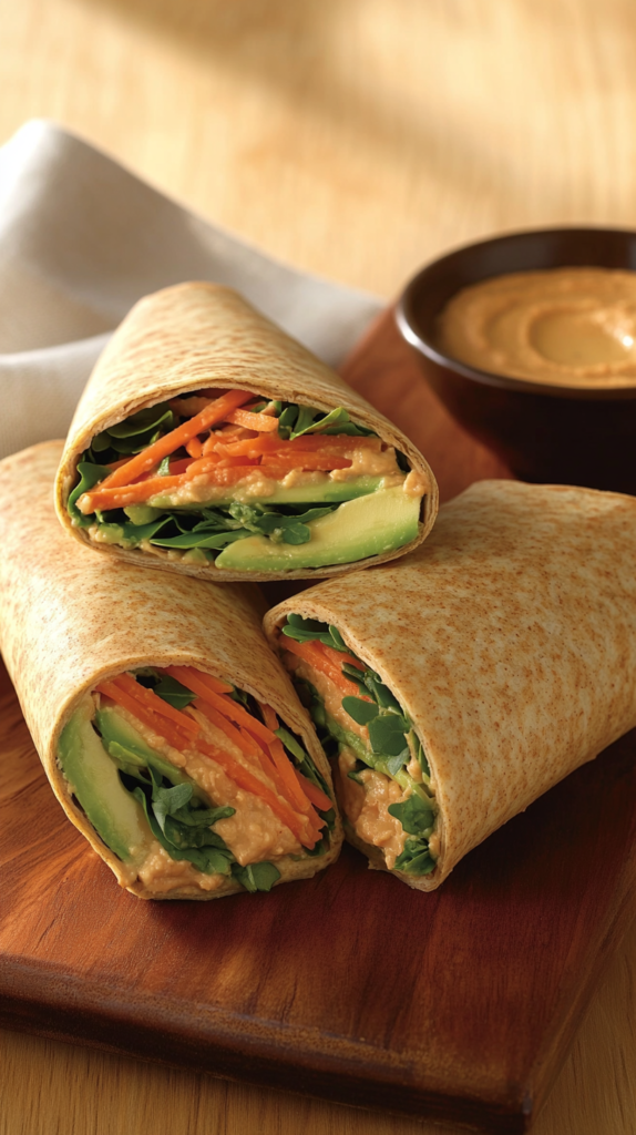 Zwei Vollkorn-Wraps mit Hummus, Avocado und frischem Gemüse, aufgeschnitten und auf einem Holzbrett angerichtet. Daneben eine kleine Schale mit extra Hummus, dekoriert mit einem Leinentuch.