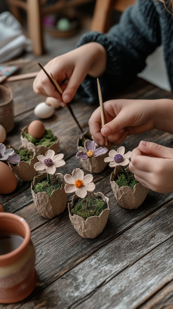 Eine fröhliche Frühlingsbastelszene, in der Kinder zarte Blumen aus recycelten Eierkartons gestalten. Die Blütenblätter aus Eierkartons sind in sanften Pastellfarben wie Lavendel, Pfirsich und Butterblumengelb bemalt und vorsichtig zu kleinen Blumendekorationen zusammengesetzt. Die fertigen Blumen stehen in winzigen Terrakotta-Töpfen, gefüllt mit Moos. Auf einem rustikalen Holzbasteltisch liegen Pinsel, winzige Perlen als Blütenmitten und eine Tasse warmer Kräutertee, die zur gemütlichen DIY-Atmosphäre beitragen