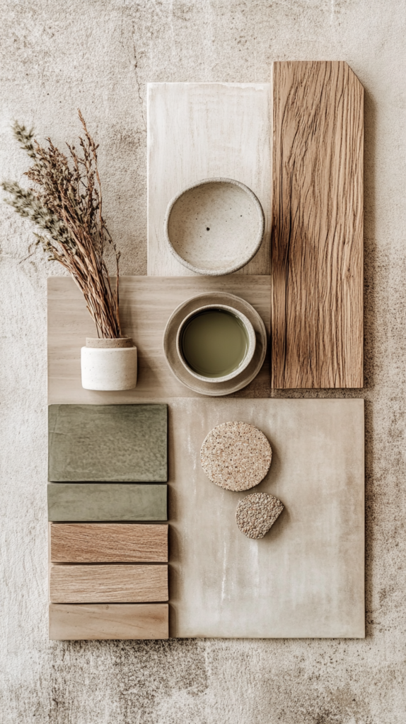 Japandi-Farbpalette mit warmen Naturtönen wie Beige, Grau, Grün & Holztexturen.