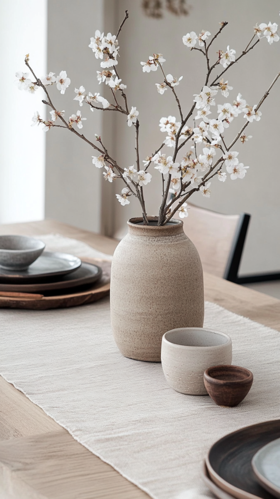 Japandi-Frühlingsdeko mit Kirschblüten, Holzaccessoires und natürlichen Farben.