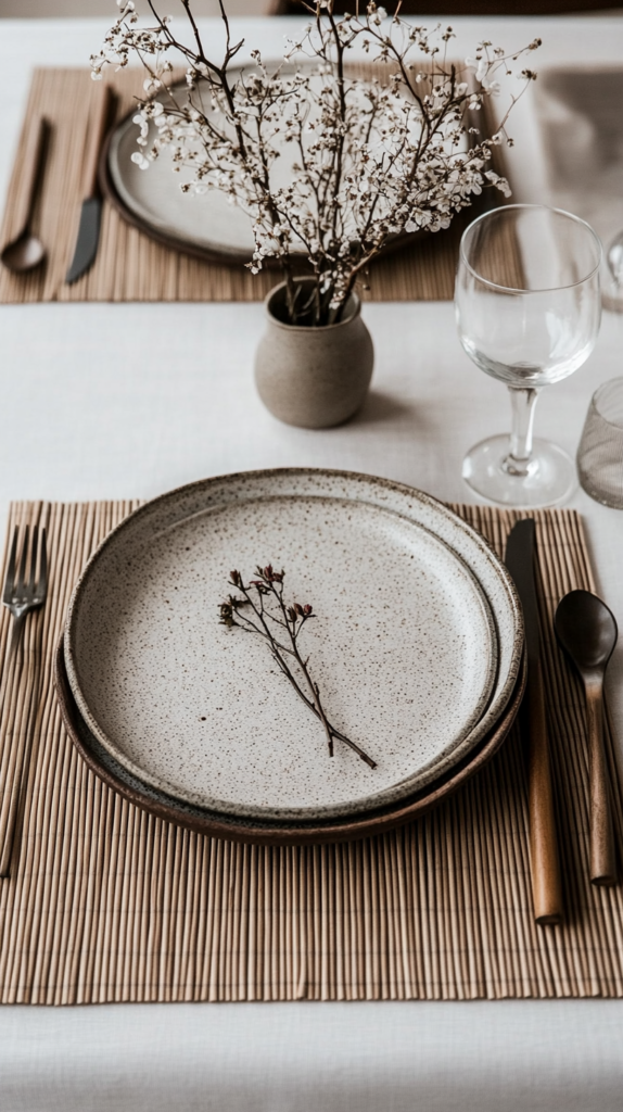 Frühlingstisch im Japandi-Stil mit Ikebana-Arrangement & Bambusset.