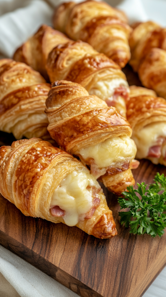 Knusprige Mini-Croissants mit Käse & Schinken, serviert auf einem rustikalen Holzbrett.